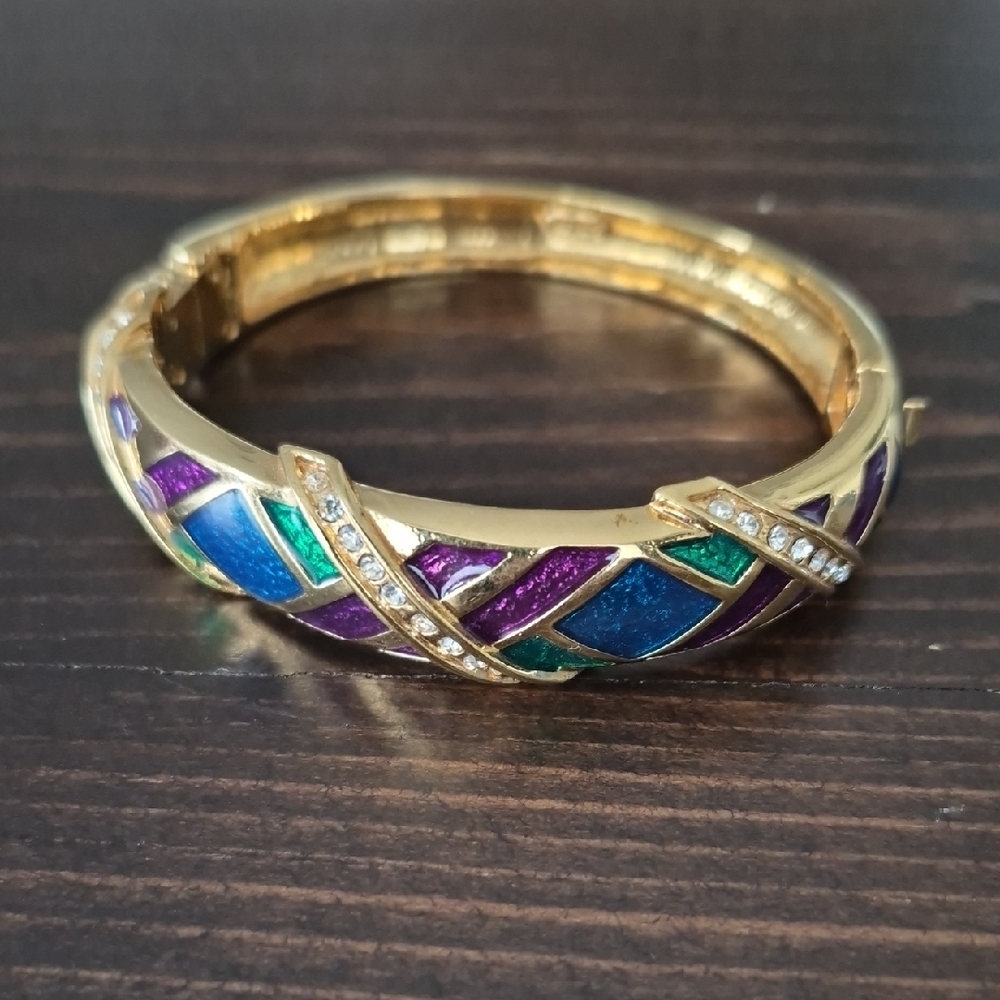 Butler Vintage Gold-Tone Hinged Bangle – Multi-Color Enamel & Crystal Accents